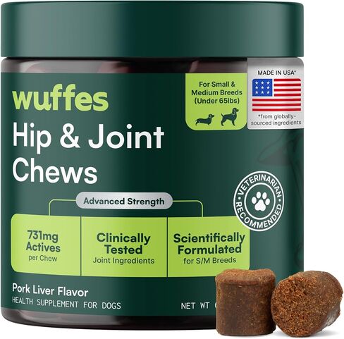 Wuffes Advanced Hip & Joint Chews for Small & Medium Breed Dogs, Vet Recommended, Glucosamine, Chondroitin, MSM, Green-Lipped Mussel & Hyaluronic Acid Supplement, Supports Mobility, 60 Pork Chews in Kuwait