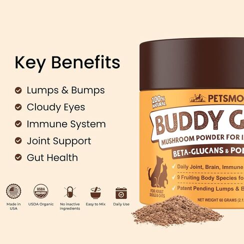 Petsmont Buddy Guard for Lumps and Bumps, Lipoma for Dogs & Cats, Patent Pending Organic 9 Mushroom Powder Blend Natural Dog Probiotic & Immune Support Chaga, Reishi, Lion's Mane, Turkey Tail Mushroom in Saudi Arabia