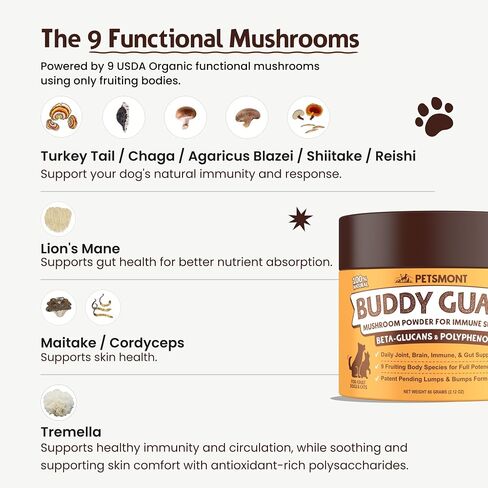 Petsmont Buddy Guard for Lumps and Bumps, Lipoma for Dogs & Cats, Patent Pending Organic 9 Mushroom Powder Blend Natural Dog Probiotic & Immune Support Chaga, Reishi, Lion's Mane, Turkey Tail Mushroom in Saudi Arabia