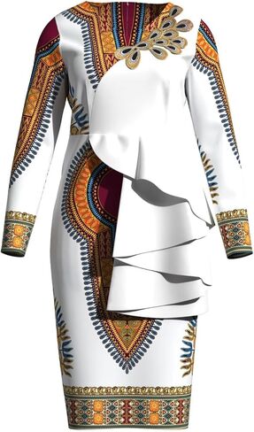 iooiooi Womens Long Sleeve African Dashiki Print Bodycon Dress Ruffle Details in Kuwait