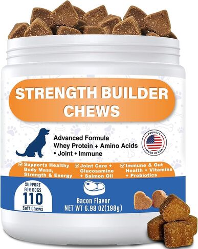 Muscle Gain Chews for Dogs, Weight Gain Supplement with Whey Protein & BCAA Amino Acids for Lean Muscle Support, Strength & Daily Vitality, Vitamins for Active & Bully Breeds, Bacon Flavor, 110 Count in Kuwait