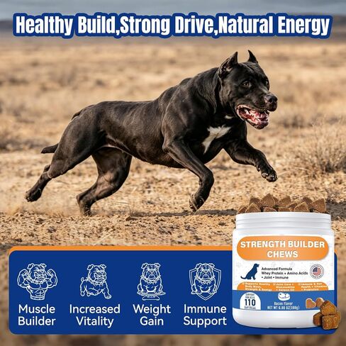 Muscle Gain Chews for Dogs, Weight Gain Supplement with Whey Protein & BCAA Amino Acids for Lean Muscle Support, Strength & Daily Vitality, Vitamins for Active & Bully Breeds, Bacon Flavor, 110 Count in Kuwait