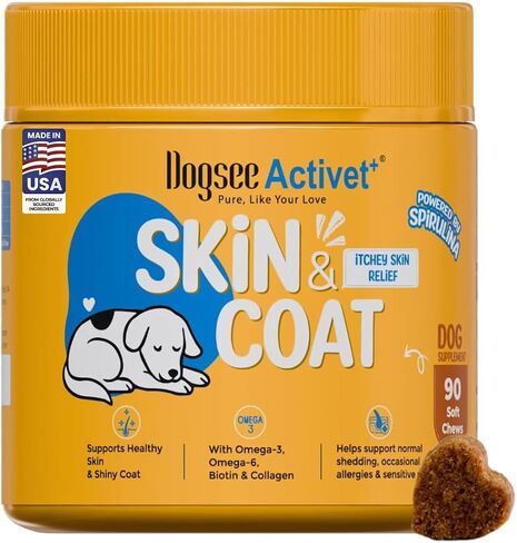 Dogsee Activet+ Dog Skin Coat Supplement Chews, with Omega 3, Omega 6,EPA & DHA, Biotin & Collagen, Stops Itchy Skin, Reduces Shedding, Promotes Shiny Coat, Healthy Skin, Chicken Flavor - 90 Chews in Saudi Arabia