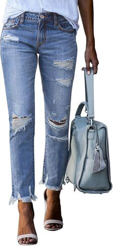 Sidefeel Women Button Fly High Rise Distressed Ripped Skinny Denim Jeans in Kuwait