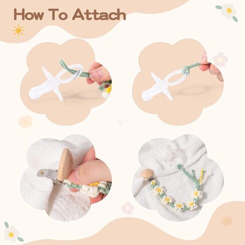Pacifier Clip for Boys Girls Floral Daisy Macrame Paci Clip Pacifier Holder Leash Boho Wooden Clips Handmade Braided Cotton Binky Clips in Kuwait