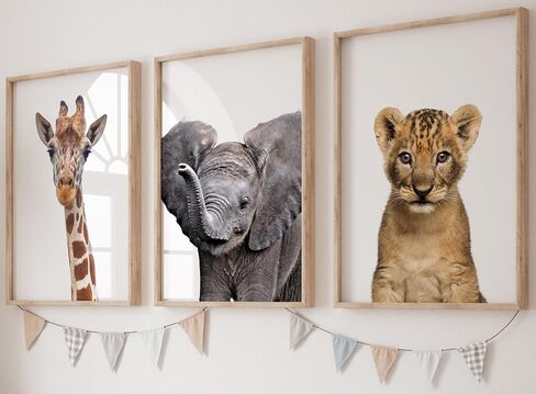 Baby Safari Animals for Girl or Boy Nursery Bedroom, Set of 3 Unframed Wall Art Prints, Jungle Leaves Posters, Nursery Decor Gift, Giraffe Elephant Lion (11x14) in Saudi Arabia