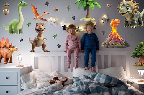 4 Sheets 36 Pcs Dinosaur Decals Stickers, Dino Volcano Cave Nursery Wall Decal Toddler Playroom Kids Wall Decals, Kids Room Decorations Girls Boys Bedroom Classroom Daycare Art in Saudi Arabia