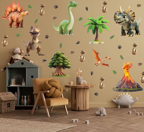 4 Sheets 36 Pcs Dinosaur Decals Stickers, Dino Volcano Cave Nursery Wall Decal Toddler Playroom Kids Wall Decals, Kids Room Decorations Girls Boys Bedroom Classroom Daycare Art in Saudi Arabia