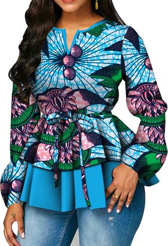 BAZINRICHE Women African Print Long Sleeves Top Shirt Dashiki V Collar Shirts Ankara Clothing with Belt in Kuwait