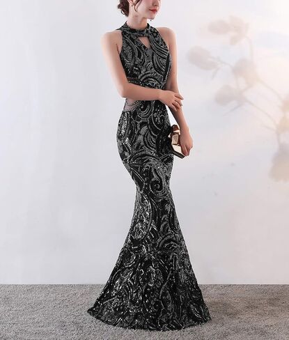 Chowsir Women Elegant Halter Fishtail Slim Cocktail Party Evening Wedding Guest Dress Long Sequin Dresses in Kuwait