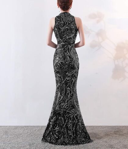 Chowsir Women Elegant Halter Fishtail Slim Cocktail Party Evening Wedding Guest Dress Long Sequin Dresses in Kuwait