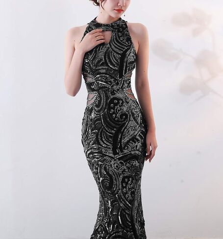 Chowsir Women Elegant Halter Fishtail Slim Cocktail Party Evening Wedding Guest Dress Long Sequin Dresses in Kuwait