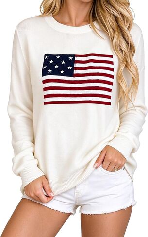 Dressmine Womens American Flag Sweater Long Sleeve Crew Neck Pullover in Saudi Arabia