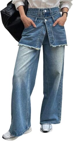 LAJIOJIO Women's Asymmetric Wide Leg Jeans Patchwork Distressed Denim Pants in Saudi Arabia
