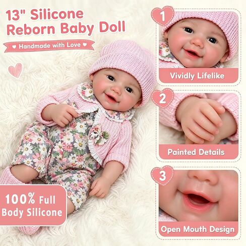 Lifelike Reborn Dolls 13 Inch Can Open Mouth Full Body Silicone Baby Doll, Realistic Handmade Newborn Girl Baby Dolls with Accessories, for Kids in Kuwait