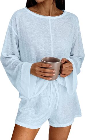 Remidoo Women's See Through Pajamas Long Sleeve Sleepwear Drawsting Mesh Sheer Pj Set in Kuwait