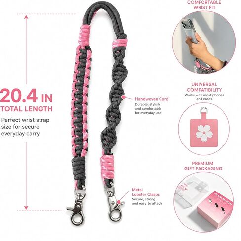 Deep Pink Gray Nylon Phone Wrist Strap Cute Handmade 20.4in Wrist Lanyard in Saudi Arabia