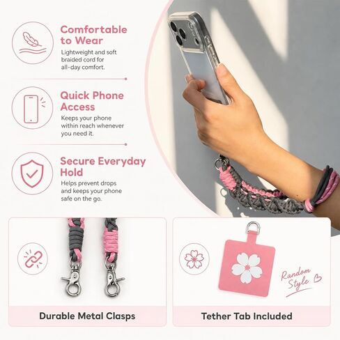 Deep Pink Gray Nylon Phone Wrist Strap Cute Handmade 20.4in Wrist Lanyard in Saudi Arabia