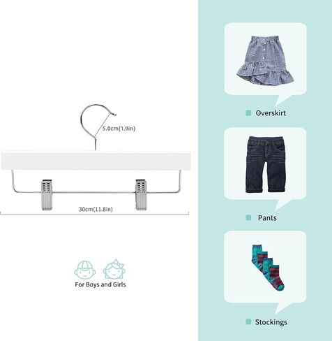 Nature Smile Kids Solid Wooden Pants Hangers,Baby Toddler Children Wood Skirts Hangers,Trousers Bottom 11.8 inches Hangers with 2-Adjustable Clips Anti-Rust Hook Pack of 20 (White) in Saudi Arabia