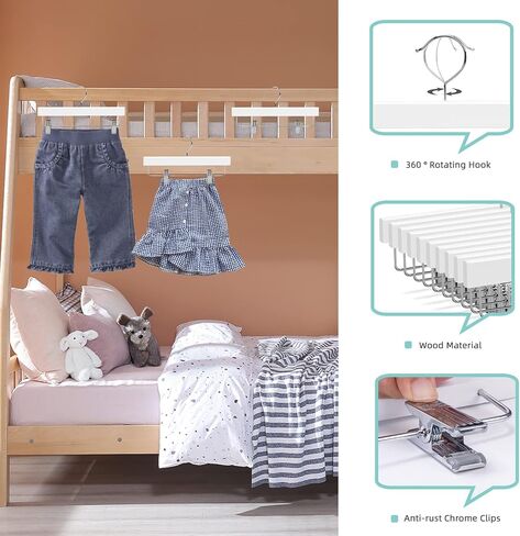 Nature Smile Kids Solid Wooden Pants Hangers,Baby Toddler Children Wood Skirts Hangers,Trousers Bottom 11.8 inches Hangers with 2-Adjustable Clips Anti-Rust Hook Pack of 20 (White) in Saudi Arabia