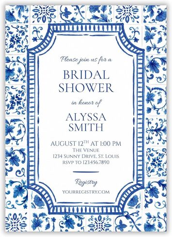 Blue Tile Bridal Shower Invitation | Personalized with Envelopes in Kuwait