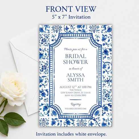Blue Tile Bridal Shower Invitation | Personalized with Envelopes in Kuwait