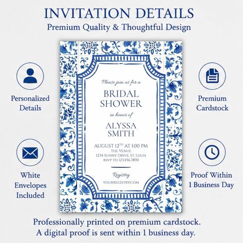 Blue Tile Bridal Shower Invitation | Personalized with Envelopes in Kuwait