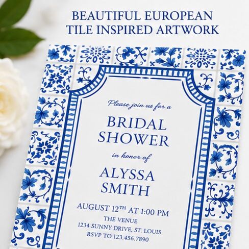 Blue Tile Bridal Shower Invitation | Personalized with Envelopes in Kuwait