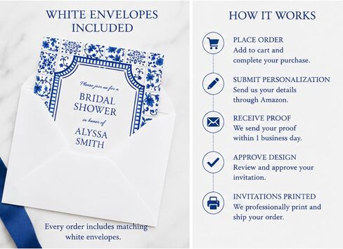 Blue Tile Bridal Shower Invitation | Personalized with Envelopes in Kuwait