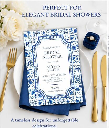 Blue Tile Bridal Shower Invitation | Personalized with Envelopes in Kuwait