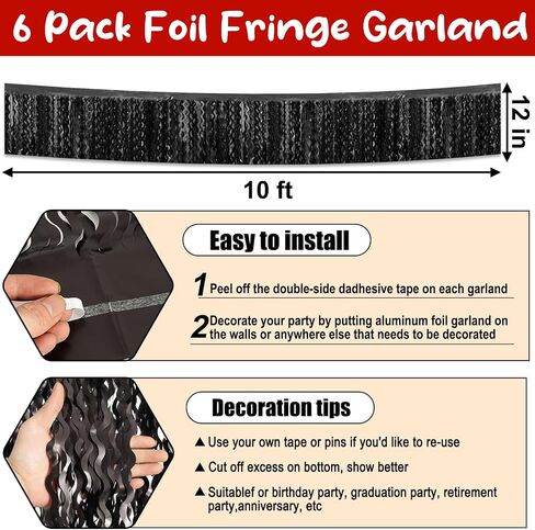 6 Pack 10 Feet Black Wave Foil Fringe Garland Metallic Tinsel Streamers Banner Wall Hanging Curtain Backdrop for Parade Floats, Mother's Day, Easter, Wedding, Birthday Party Decoration in Saudi Arabia