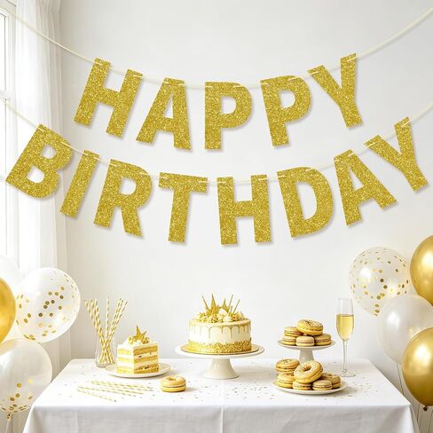 Happy Birthday Banner Pre-strung - No DIY Shiny Gold Letters Party Banners & Birthday Decorations - 8 ft Ready-to-Hang Garland for Birthday Party Supplies, Men Women Decor (Black Gold) in Kuwait