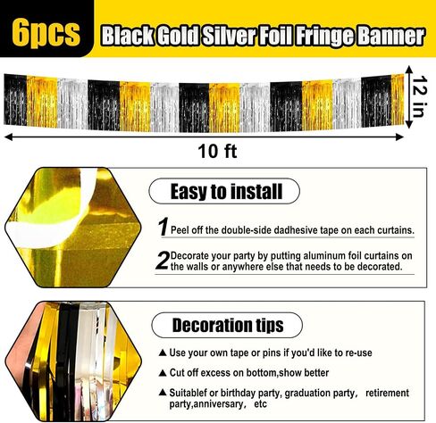 6 Pack 10 Feet Black Gold Silver Foil Fringe Garland Metallic Tinsel Streamers Banner Wall Hanging Curtain Backdrop for Parade Floats Thanksgiving, Halloween, Christmas Day, New Year Party Decorations in Saudi Arabia