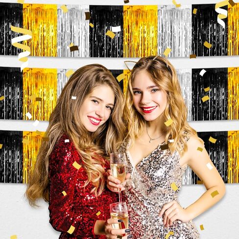 6 Pack 10 Feet Black Gold Silver Foil Fringe Garland Metallic Tinsel Streamers Banner Wall Hanging Curtain Backdrop for Parade Floats Thanksgiving, Halloween, Christmas Day, New Year Party Decorations in Saudi Arabia