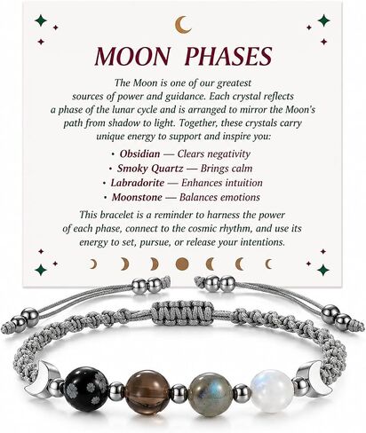 Moon Phase Crystal Bracelet for Women with Premium Gift Box, Natural Moonstone, Labradorite, Smoky Quartz & Snowflake Obsidian Beaded Bracelet, Adjustable Gemstone Jewelry, Gift for Mom, Wife, Sister, Best Friend in Saudi Arabia