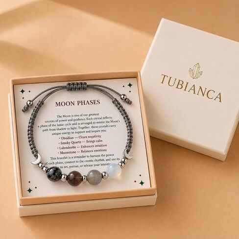 Moon Phase Crystal Bracelet for Women with Premium Gift Box, Natural Moonstone, Labradorite, Smoky Quartz & Snowflake Obsidian Beaded Bracelet, Adjustable Gemstone Jewelry, Gift for Mom, Wife, Sister, Best Friend in Saudi Arabia