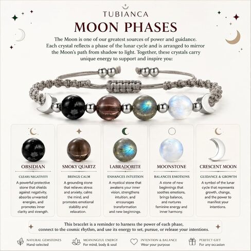 Moon Phase Crystal Bracelet for Women with Premium Gift Box, Natural Moonstone, Labradorite, Smoky Quartz & Snowflake Obsidian Beaded Bracelet, Adjustable Gemstone Jewelry, Gift for Mom, Wife, Sister, Best Friend in Saudi Arabia