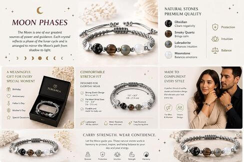 Moon Phase Crystal Bracelet for Women with Premium Gift Box, Natural Moonstone, Labradorite, Smoky Quartz & Snowflake Obsidian Beaded Bracelet, Adjustable Gemstone Jewelry, Gift for Mom, Wife, Sister, Best Friend in Saudi Arabia