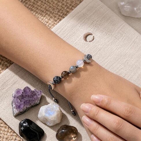 Moon Phase Crystal Bracelet for Women with Premium Gift Box, Natural Moonstone, Labradorite, Smoky Quartz & Snowflake Obsidian Beaded Bracelet, Adjustable Gemstone Jewelry, Gift for Mom, Wife, Sister, Best Friend in Saudi Arabia