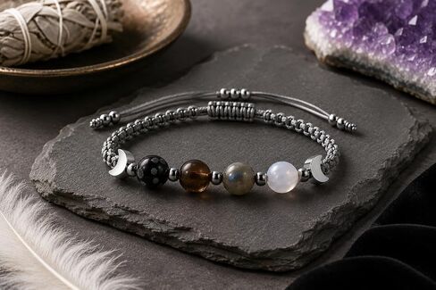 Moon Phase Crystal Bracelet for Women with Premium Gift Box, Natural Moonstone, Labradorite, Smoky Quartz & Snowflake Obsidian Beaded Bracelet, Adjustable Gemstone Jewelry, Gift for Mom, Wife, Sister, Best Friend in Saudi Arabia