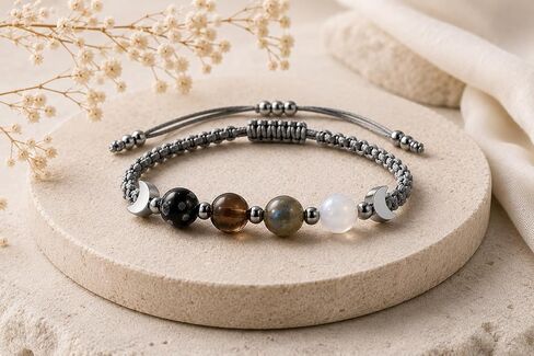 Moon Phase Crystal Bracelet for Women with Premium Gift Box, Natural Moonstone, Labradorite, Smoky Quartz & Snowflake Obsidian Beaded Bracelet, Adjustable Gemstone Jewelry, Gift for Mom, Wife, Sister, Best Friend in Saudi Arabia