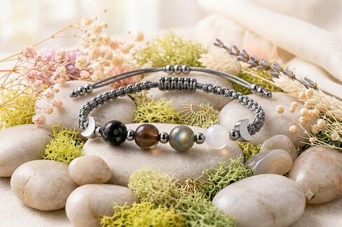 Moon Phase Crystal Bracelet for Women with Premium Gift Box, Natural Moonstone, Labradorite, Smoky Quartz & Snowflake Obsidian Beaded Bracelet, Adjustable Gemstone Jewelry, Gift for Mom, Wife, Sister, Best Friend in Saudi Arabia