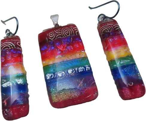 3 pc set Rainbow Patterned Fused Dichroic Pendant Niobium Earrings set Pride in Kuwait