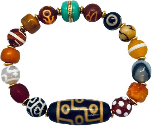 Handmade Beads Bracelet for Men Women, Retro Ethnic Style Agate Healing Crystal Stretching Bracelet, 9-Eyed Dzi & Carnelian Meditation Prayer Jewelry, Unique Spiritual Gift in Kuwait