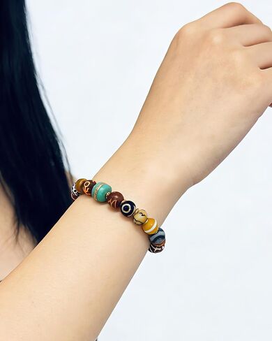 Handmade Beads Bracelet for Men Women, Retro Ethnic Style Agate Healing Crystal Stretching Bracelet, 9-Eyed Dzi & Carnelian Meditation Prayer Jewelry, Unique Spiritual Gift in Kuwait
