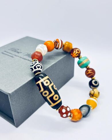 Handmade Beads Bracelet for Men Women, Retro Ethnic Style Agate Healing Crystal Stretching Bracelet, 9-Eyed Dzi & Carnelian Meditation Prayer Jewelry, Unique Spiritual Gift in Kuwait