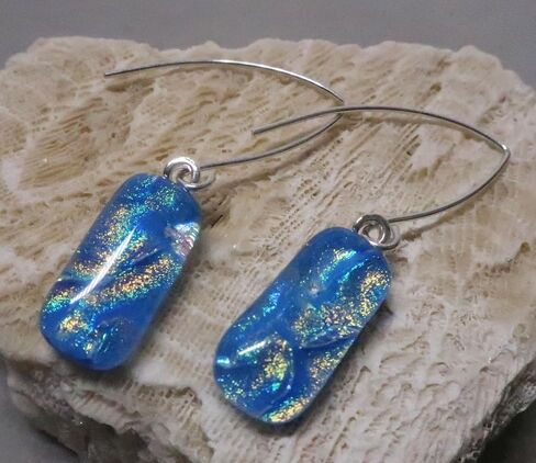 Fused Dichroic Glass Aqua Blue PeachThreader Argentium Sterling Silver Earrings in Kuwait