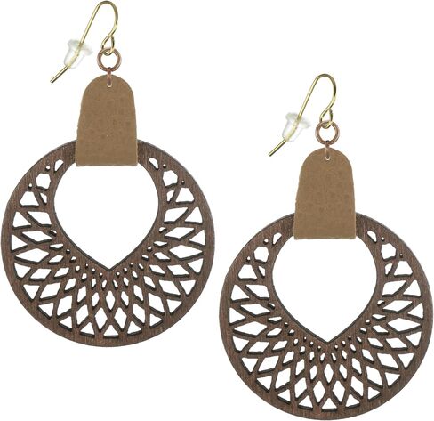 Brown Mandala Wood Hoop and Faux Leather Boho Statement Dangle Earrings, Hypoallergenic 18K Gold Earwires, Gift for Her in Saudi Arabia