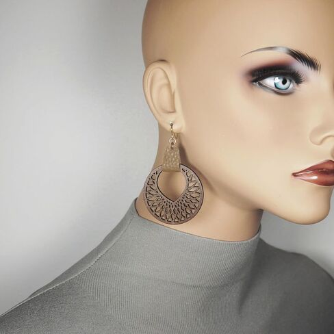 Brown Mandala Wood Hoop and Faux Leather Boho Statement Dangle Earrings, Hypoallergenic 18K Gold Earwires, Gift for Her in Saudi Arabia