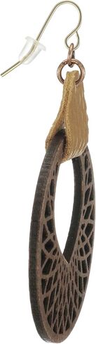 Brown Mandala Wood Hoop and Faux Leather Boho Statement Dangle Earrings, Hypoallergenic 18K Gold Earwires, Gift for Her in Saudi Arabia